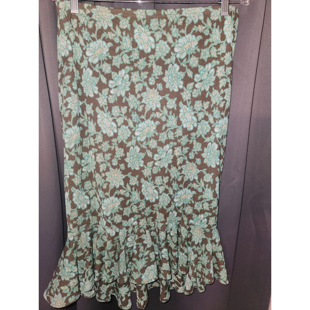 Express Brown Green Floral Midi Skirt Size M Medium A-Line Flowy Boho Summer